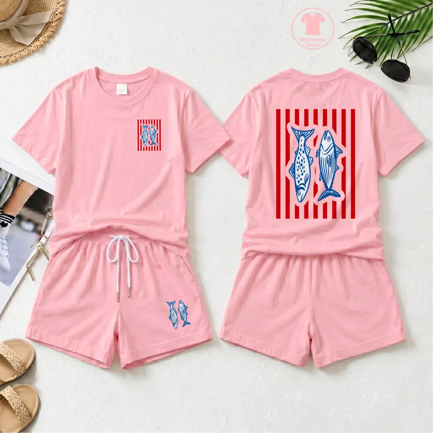 Women’s Fish Graphic T Shirt and Shorts Set, Casual 2 Piece Summer Outfit, Short Sleeve Crew Neck Top and Drawstring Shorts Matching Set, Coastal Beach Vacation Activewear for Daily Wear, Travel and Resort Style