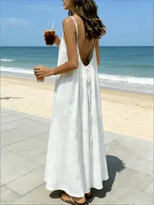 Women's Solid Color Backless Cami Dress, Casual Sleeveless Dress for Summer, Ladies Clothes for Beach Holiday Vacation Loose dress