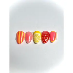 Pink Strawberry Lemonade Gel Press On Nails | Summer Press Ons | XShort to XLong Gel Nails | Fruit Nails | 3D Nail Art 2025