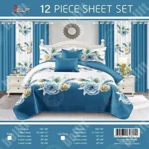 Ocean Bloom 12-Piece King Sheet Set – Blue & White Floral Rose Complete Bedroom Bedding Set with Matching Curtains