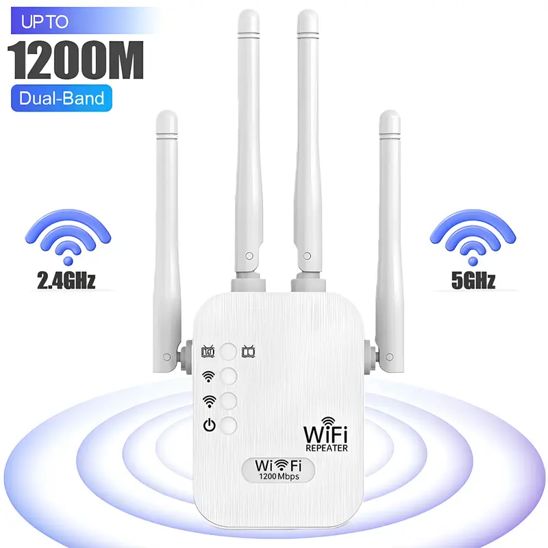WiFi Extender 4-Antenna Strong Signal, 1200Mbps Dual Band (5GHz/2.4GHz) Signal Booster, Covers 10,000 sq. ft & 50 Devices, WiFi Range Extender Wireless Signal Booster for Home, Office