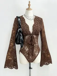 HANNA x GlowEve Solid Color Deep V-Neck Lace Patchwork Sheer Sexy Long Sleeve Bodysuit