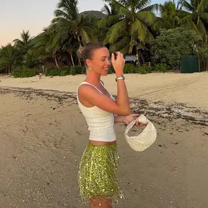 Lime Green Sequin Fringe Mini Skirt | Festival & Vacation Statement Skirt