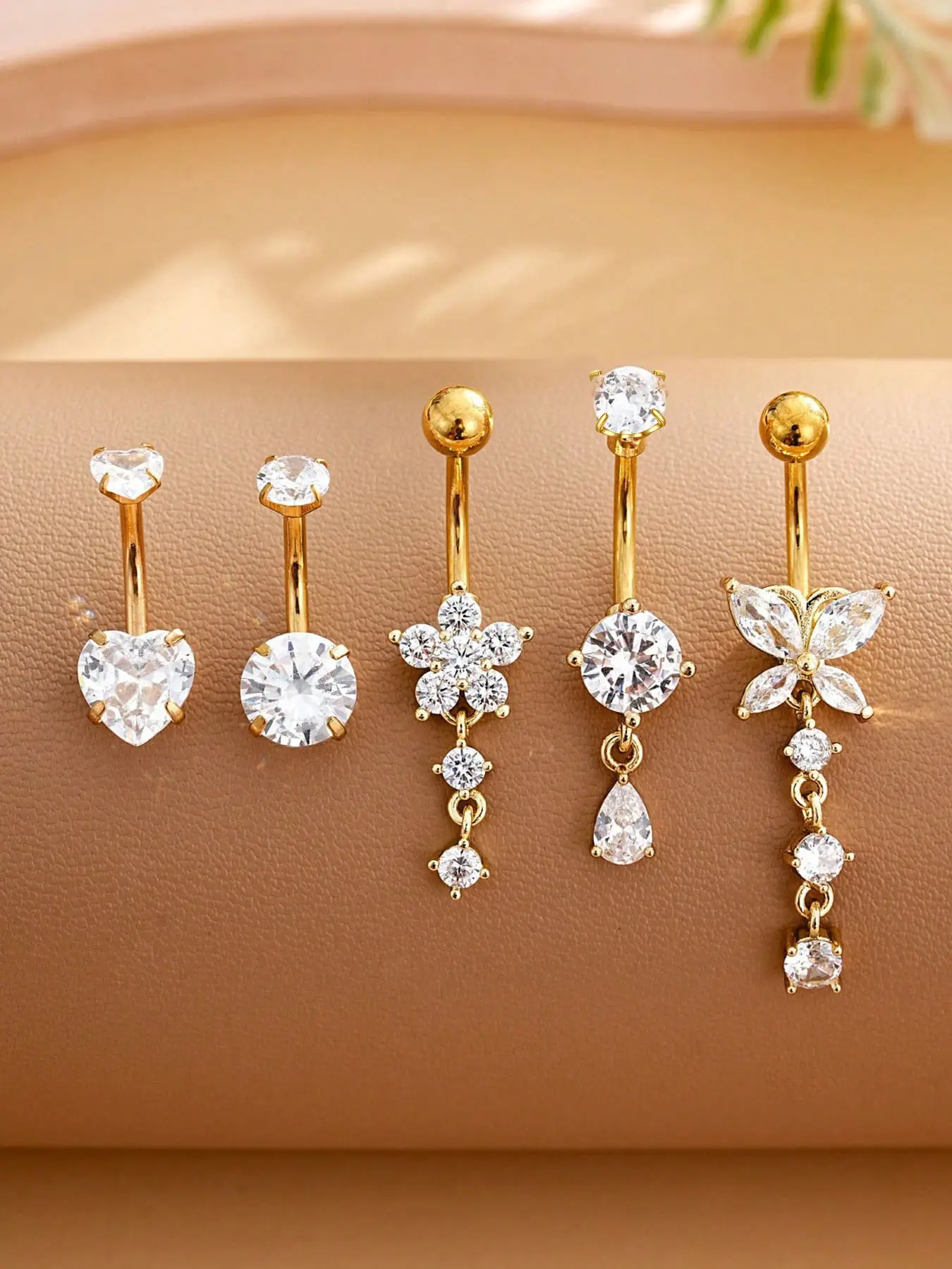 Stainless Steel Belly Button Rings Set, Navel Piercing Jewelry, Body Jewellery, 18K Gold Plated With Butterfly, Water Drop, Heart Shaped Zirconia Stones, Sexy Body Piercing Jewelry For Women Daily Wear
