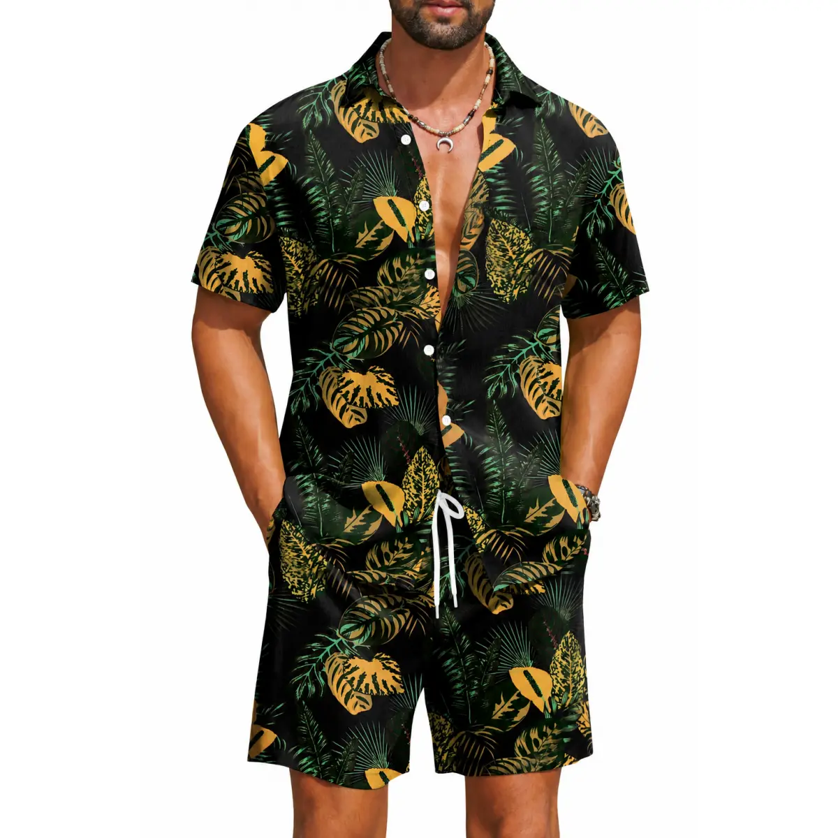 Men's 2-Piece Retro Classic Hawaiian Clothing Set - Stretch Tropical Floral Shortsleeve Button-Down Shirt & Matching Drawstring Shorts, Lightweight Breathable Quick-Dry Fabric Menswear Beachwear for Summer Vacation, Outdoor Casual Travel