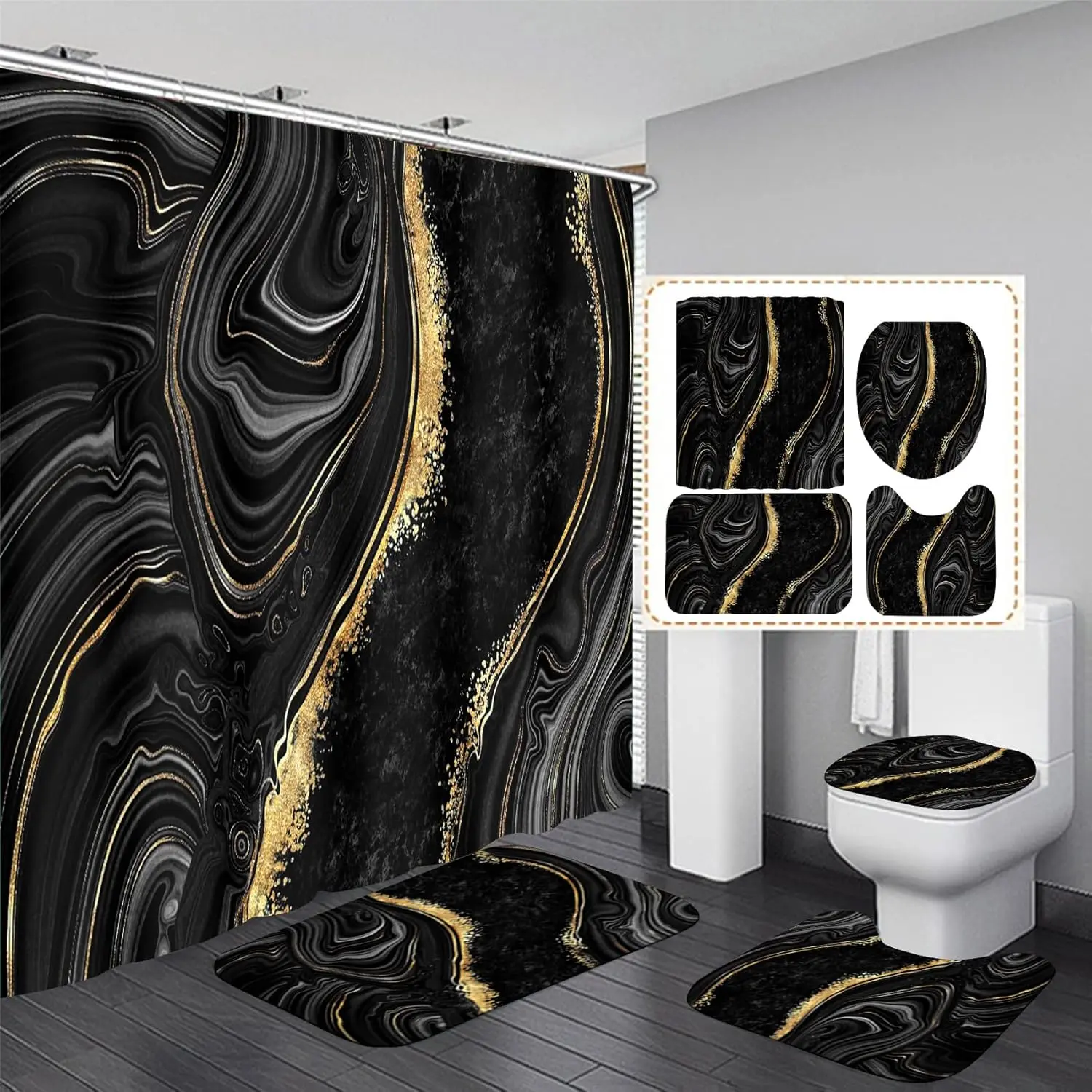 4-Piece Modern Bathroom Decor Set - Waterproof Polyester Shower Curtain, Soft Flannel Non-Slip Rugs, Toilet Seat Cover, U-Type Mat, 12 Hooks, Geometric/Black-Blue Marble/Pink-Black Prints, 70x70", for Home Bath Use