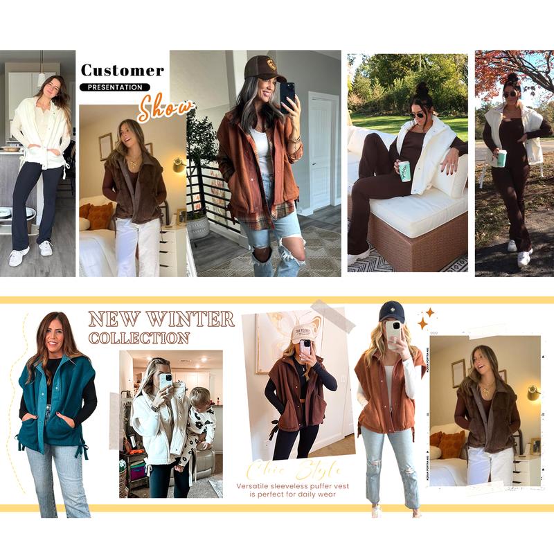 Buenoble Women's Oversized Fleece Vest Cozy Sherpa Sleeveless Jacket with High Neck Side Ties Snap Buttons Fall Winter Casual Outerwear