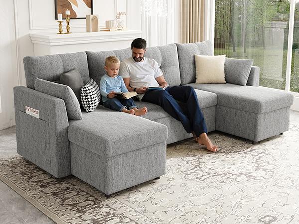 【2-3 Packages】 Oversized Sleeper Sofa Couch, 110 inch 2 in 1 Pullout Couch Bed with Double Storage Chaise, Sectional Sleeper Sofa Bed with Side Pocket for Living Room#daybed