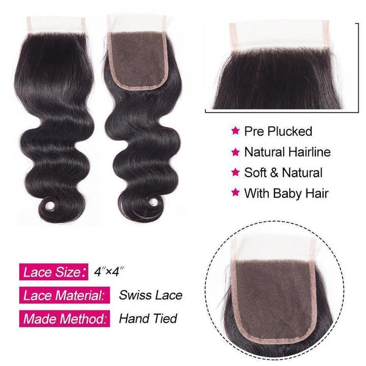 [Wequeen] Upgrade 2x6 4x4 Body Wave Straight Human Hair HD Transparent Lace Closure #1B Natural Black 12-20inch