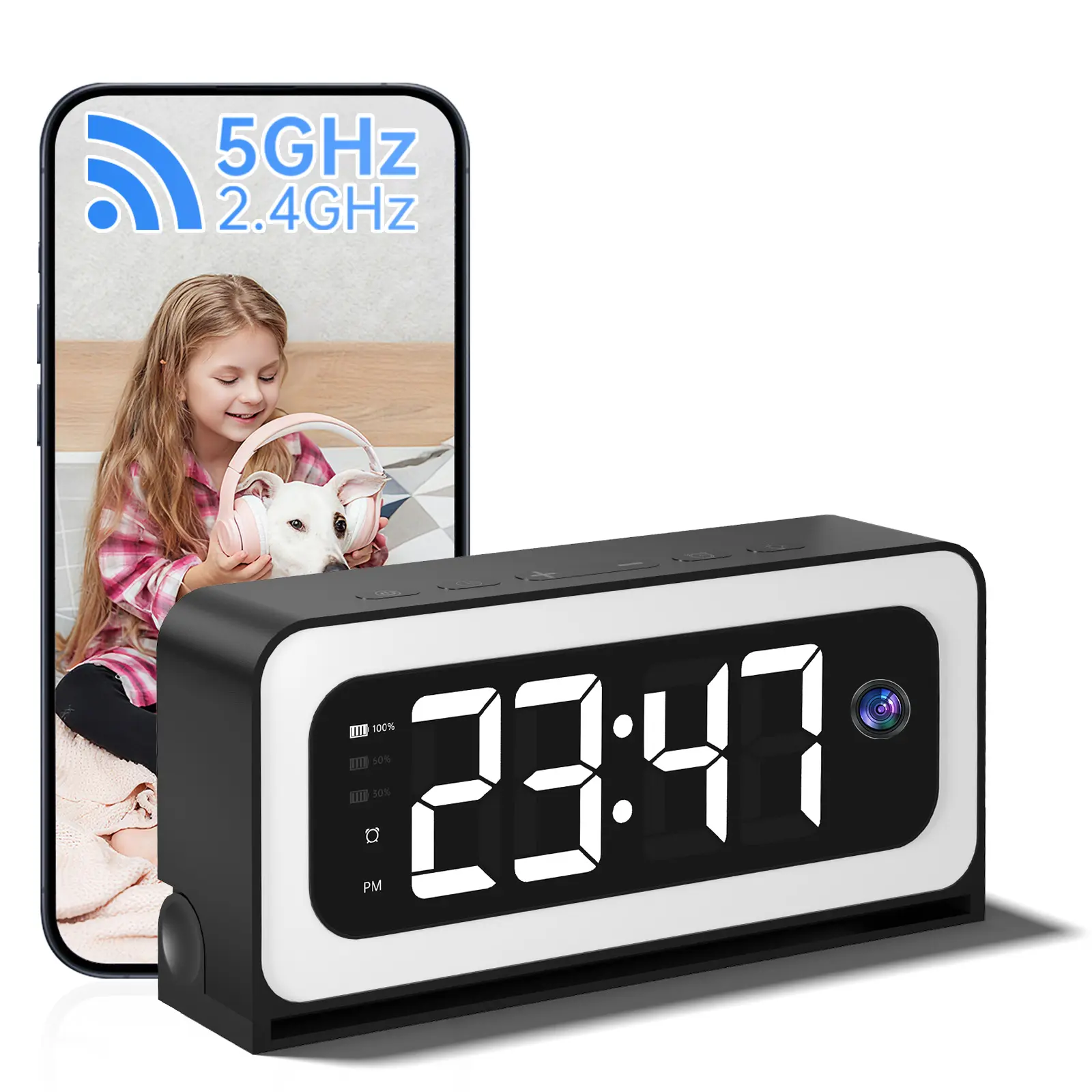 HD Blacklight Clock Camera – 4mm Lens, TF & Cloud Storage, Human/Vehicle/Baby Cry Detection, Two-Way Audio, Full-Color Night Vision