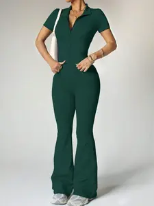 Women's Yoga Workout Set: Short Sleeve Zip-Up Jacket & High-Waisted Flare Pants - Moisture-Wicking 4-Way Stretch Suitable For Yoga Pilates Gym Workouts