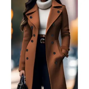 Elegant Solid Color Double-Breasted Overcoat for Women - Polyester, Machine Washable, Non-Stretch Fabric - for Fall/Winter
