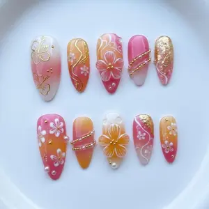 Sunset Pink Orange Ombre Press On Nails | 3D Hibiscus Flower Gold Foil | Tropical Summer Beach Vacation Almond Fake Nails Gift
