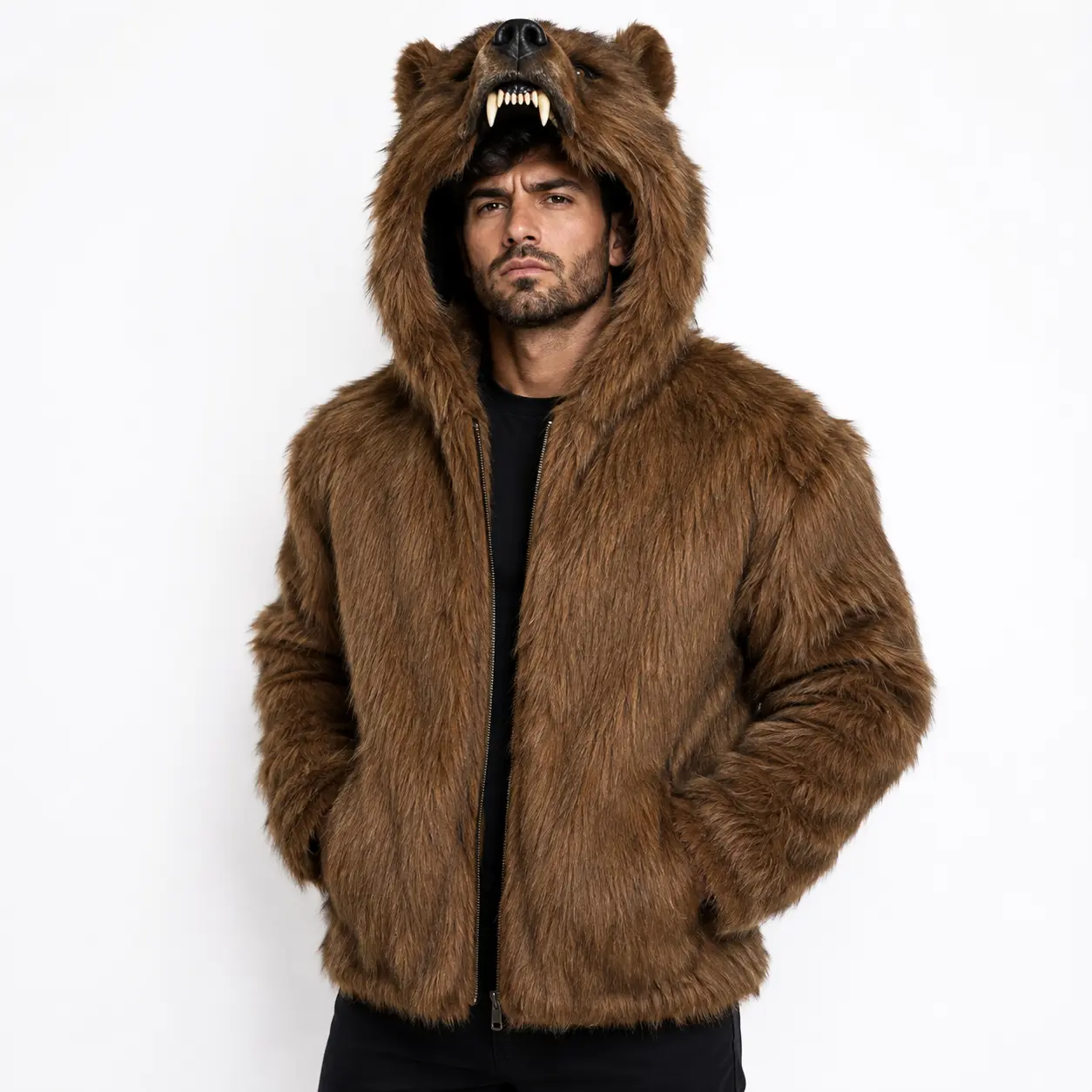 Men's Brown Bear Faux Fur Bear Hooded Jacket – Full Zip Winter Coat with Animal Hood
