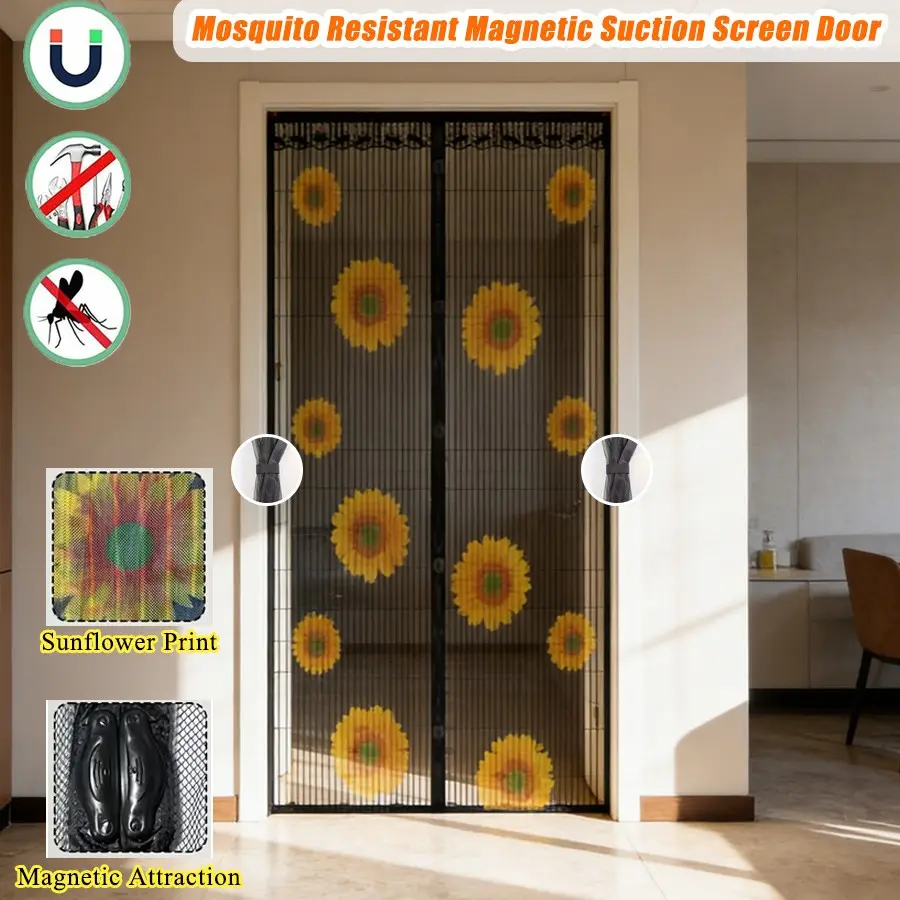 Summer Magnetic Screen Door, Mosquito Resistant, Sunflower Print Soft Mesh Curtain, No‑Drilling Installation, Pet‑Friendly, Home Living Room Bedroom Kitchen Decor