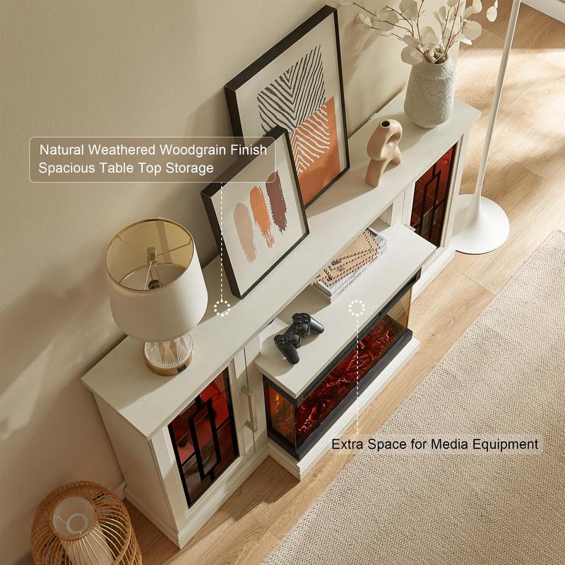 59 Inch LED TV Stand with 3-Side Glass Fireplace, Modern Media Entertainment Center Console Table for TVs up to 65 Inch with Adjustable Flame & LED Color, 24’’ Fireplace, Highboy, White