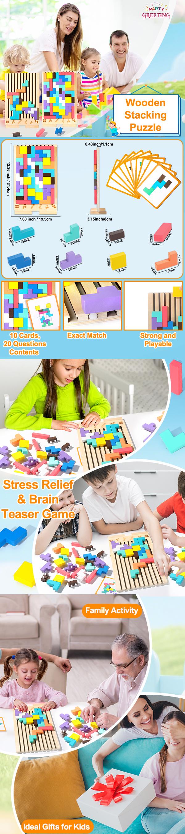 Wooden Stacking Toy Thick Bright 3D Russian Blocks Giant Tetris Board Game Stress Relief & Brain Teaser Game Educational Gift for Kids Birthday & Easter Gift Family Activity