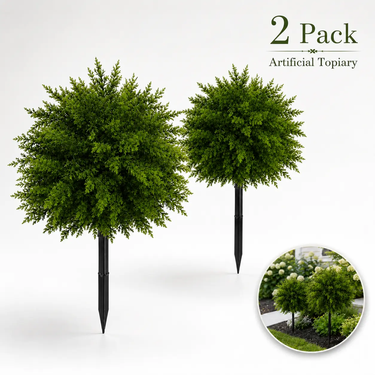 2-Pack Decorative Synthetic Faux Boxwood Topiary Balls with Stakes, UV-Resistant Low-Maintenance Durable Faux Greenery for Patio, Entryway Home Decor Landscaping Supplies
