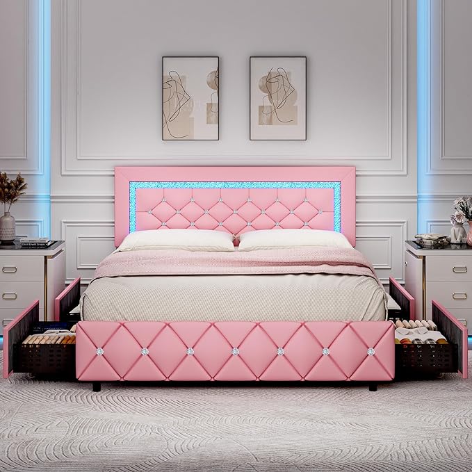 HOMBCK Bed Frame with Lights and Drawers,  No Mattress,  Diamond Headboard, Faux Leather, Modern Style, No Box Spring Needed, Easy Assembly