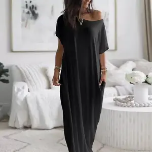 Women's Solid Color Batwing Sleeve Lounge Dress, Casual Comfy Short Sleeve Nightdress for Daily Wear, Ladies Sleepwear for All Seasons Black Womenswear