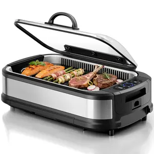 Kismile Smokeless Indoor Grill, 1500W Electric Grill Indoor with Tempered Glass Lid, Non-Stick Korean BBQ Grill with 6-Level Temp Control, Dual-Turbo Smoke Extractor, Drip Tray & Dishwasher-Safe Parts
