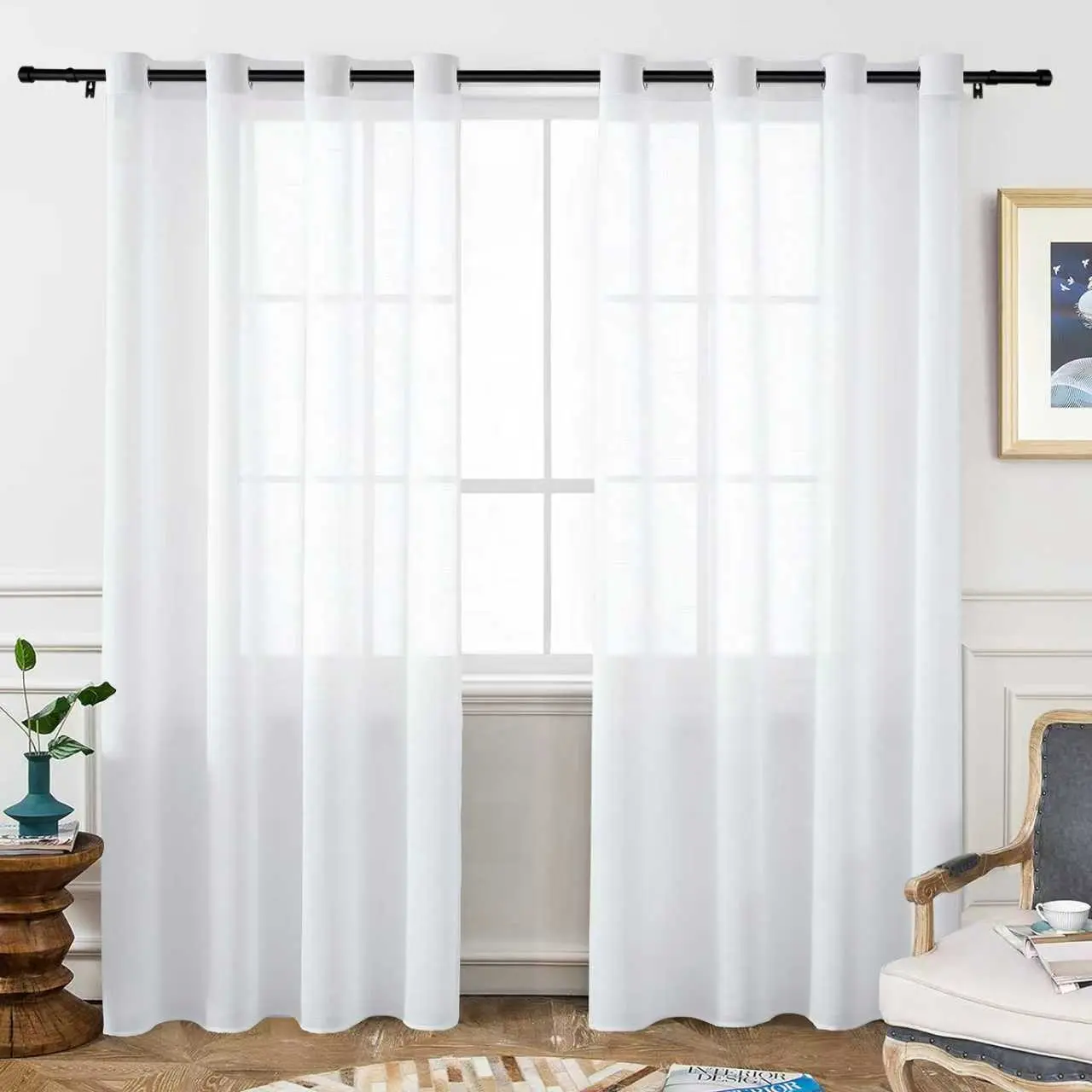 2PC Traditional 3m Soft White Semi-Transparent Perforated Lightweight Grommet Curtains - Light Filtering, Breathable, Easy Installation, Aesthetic Neutral Curtains, Decoration Items, Do Not Bleach, Living Room Decor Accessory, Clean Look