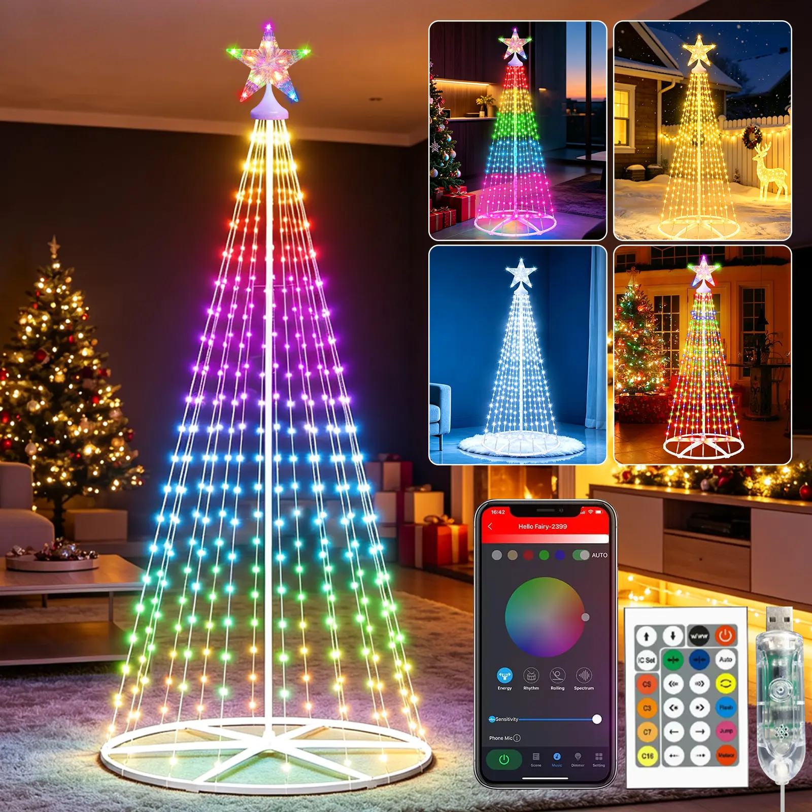 6.23FT Freestanding Christmas Tree-Shaped LED Lights with Star Topper, RGB Color Changing, App & Remote Control, Music Sync, USB Powered, IP65 Waterproof, for Parties & Front-Door Home Improvement Decor, Single Unit, Holidays