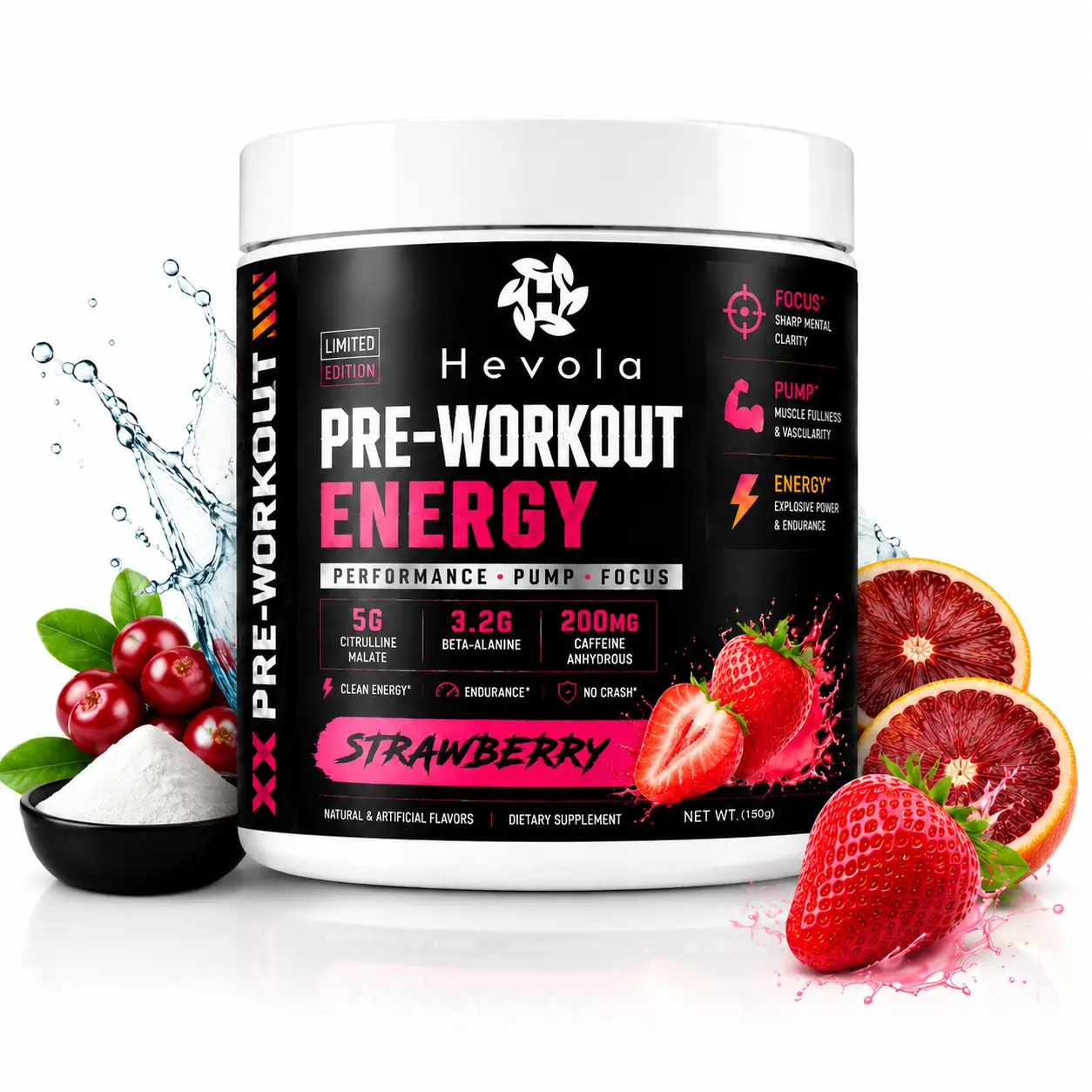 Pre Workout Powder Supplement (Powder Form) - Peach Strawberry Flavor, 30 Servings, 200mg Caffeine Per Serving, Fitness & Healthcare Support, Focus Aid Formula with Citrulline Malate, Beta Alanine for Men