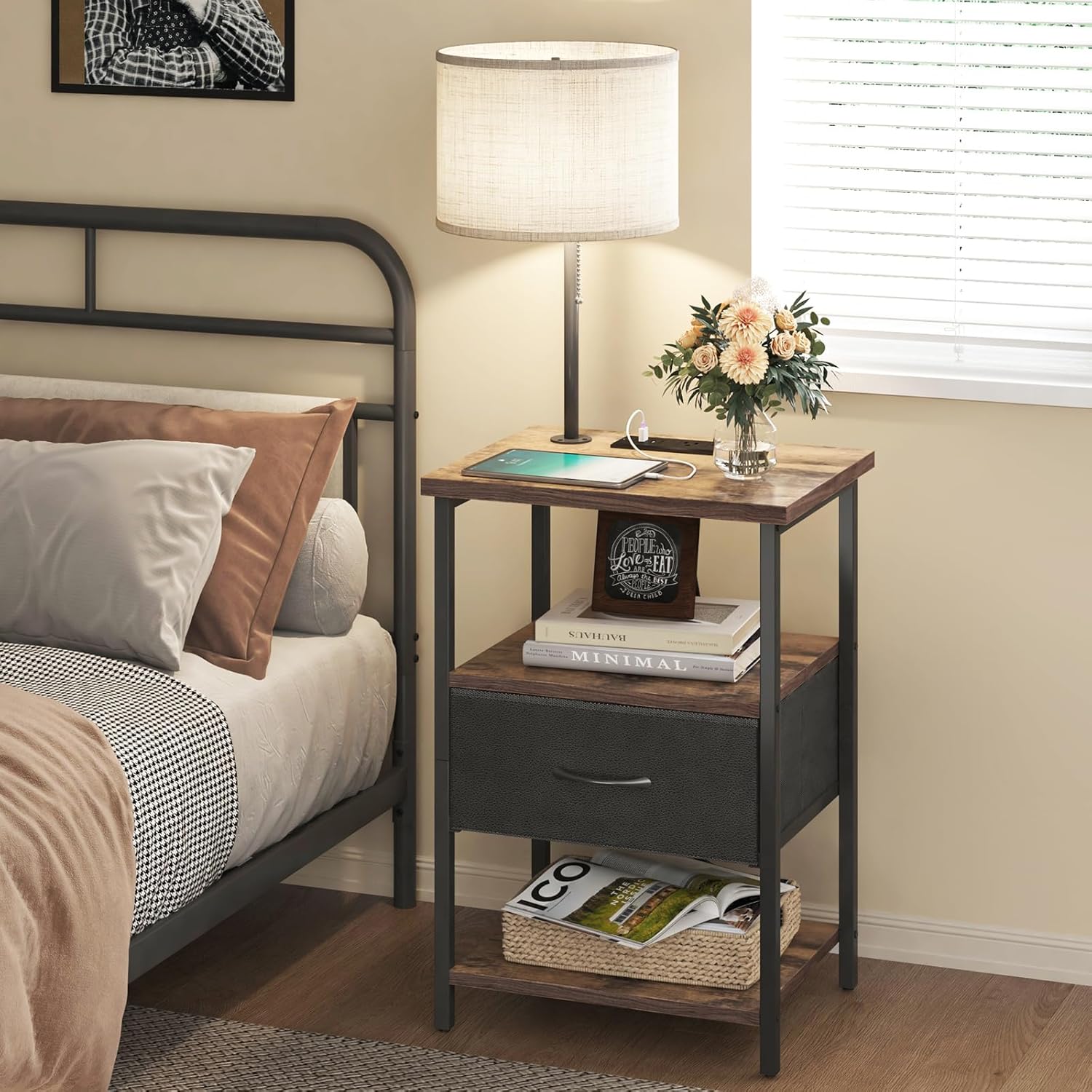 Nightstand with Lights Bedside Table with 3 Color Temperatures Bulb, Night Stand with Charging Station End Table with Adjustable Fabric Drawer for Bedroom Dorm