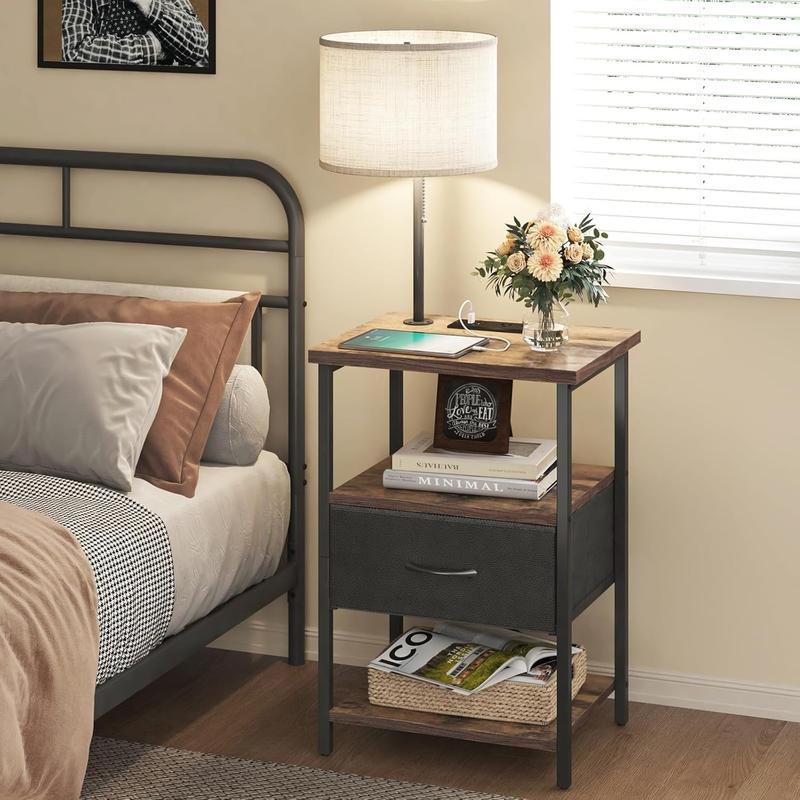 Nightstand with Lights Bedside Table with 3 Color Temperatures Bulb, Night Stand with Charging Station End Table with Adjustable Fabric Drawer for Bedroom Dorm
