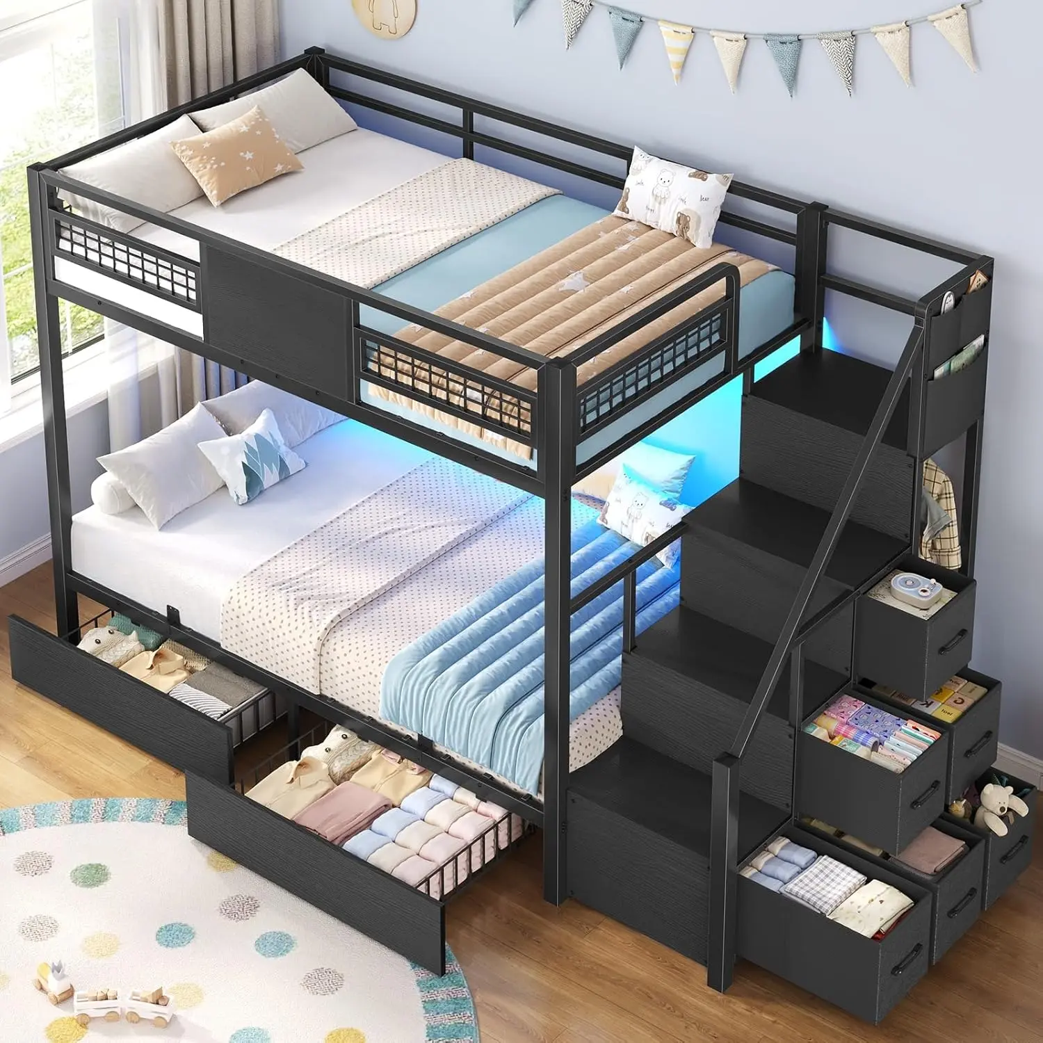 Sikaic Bunk Bed Twin Over Twin with Stairs, LED Lights Twin Bunk Bed with 2 Storage Drawers & 6 Fabric Drawers, Metal Twin Loft Beds with Guardrail & Stairs, Space Saving, Sturdy Frame for Teens Summerwins