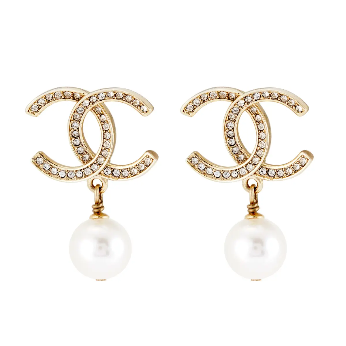 Pre-owned Chanel Classic Crystal CC Pearl Drop Earrings Gold Tone JLP007777