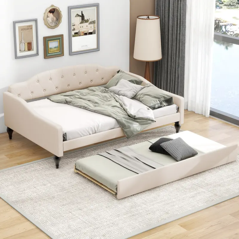 Beige Full Size Linen Fabric Modern Upholstered Button Tufted Back Daybed - Twin Trundle, Extra Seater, No Box Spring Needed, Button Tuft