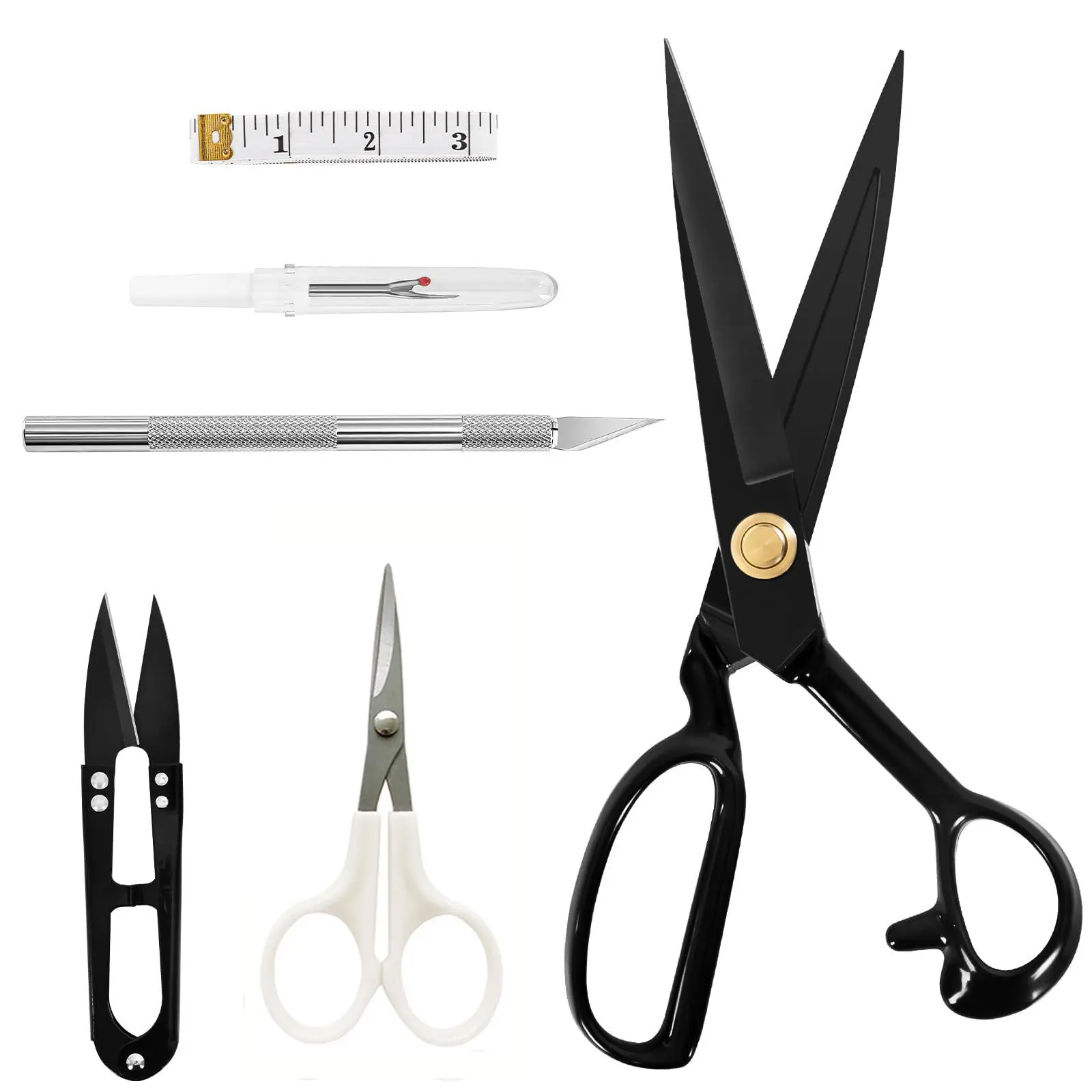 6pcs set Sewing Scissors Kit with Tailor Fabric Scissors Thread Snips Seam Ripper Craft Knife Measuring Tape, Heavy Duty Sharp Fabric Cutting Tool Set for Tailoring Quilting DIY Sewing Crafts