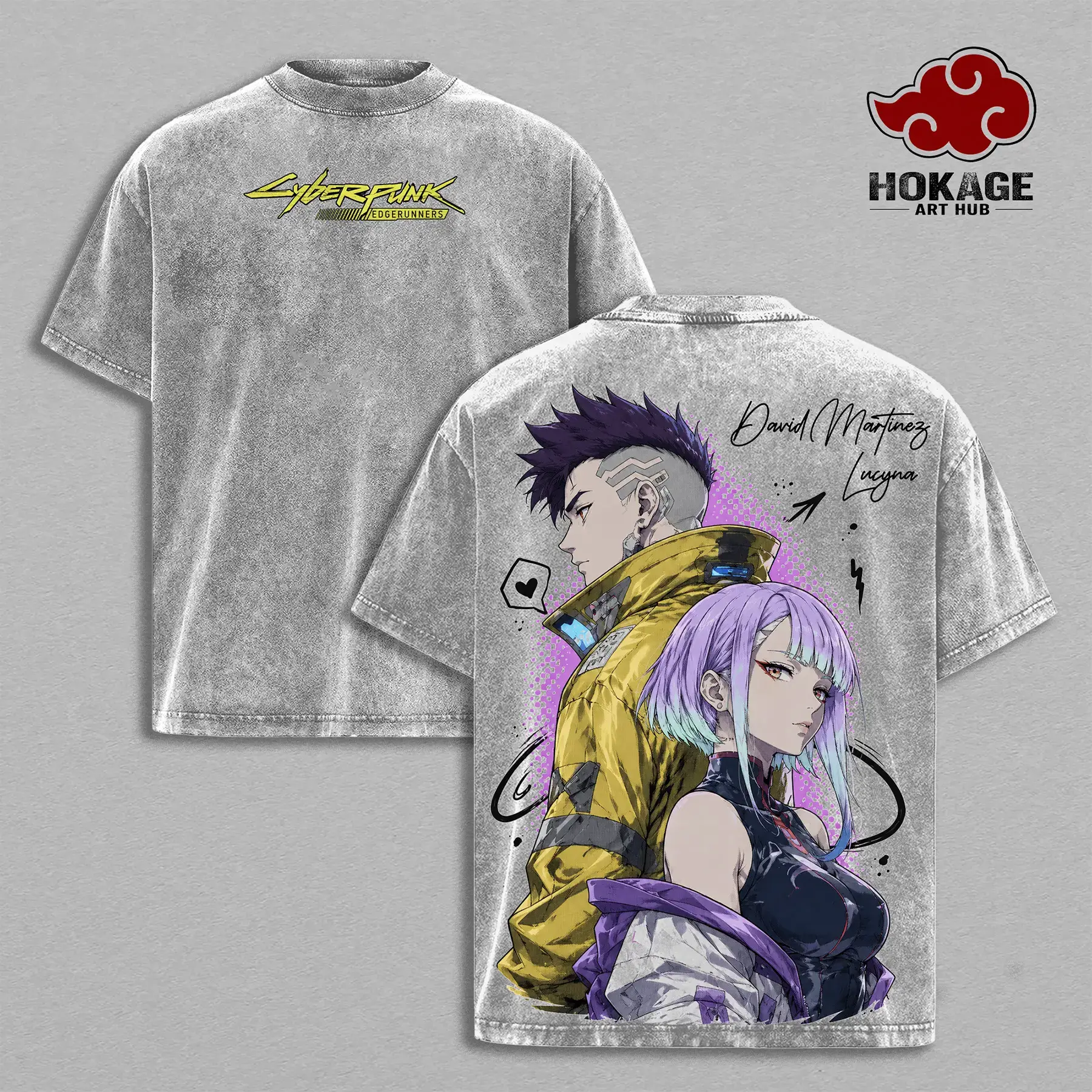 David & Lucy - Cyberpunk Edgerunners Double Printed Graphic Tee, Vintage Washed Streetwear For Men, Heavy Cotton Oversized Shirt, Gift For Anime Fans