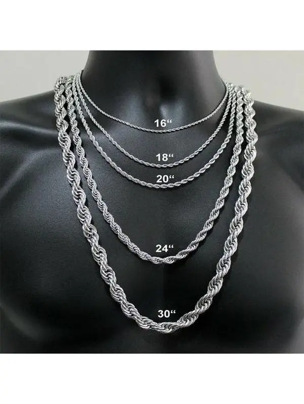Silver Stainless Steel Rope Chain Necklace, 3/5/7mm, 16-30in Stainless Steel Jewelry, Decorative Chain Attachment Necklaces for Men & Women, Durable Lobster Clasp Christmas Gift Fashion Jewelry, Decorative Chain Necklaces