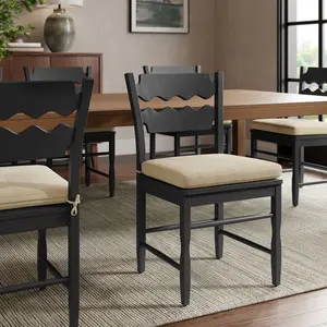 Jax Oak Wood Dining Chair With Wavy Razor Back and Cushion in Black Linen