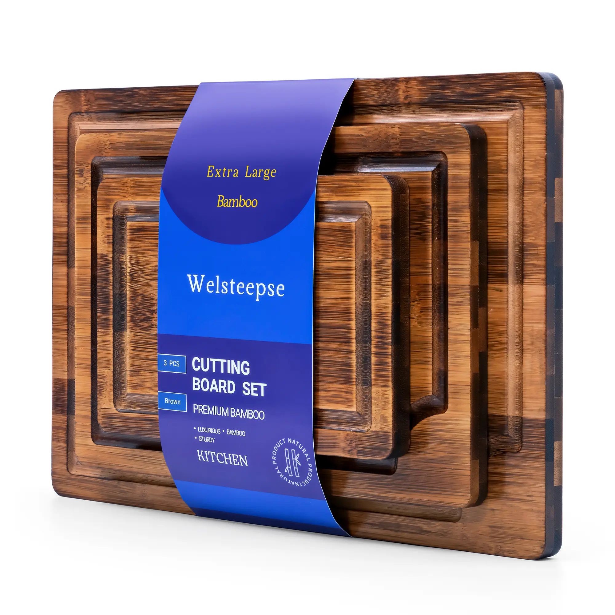 WELSTEEPSE Vegetable Welsteepse 3-Piece Eco-Friendly Bamboo Cutting Board Set – Deep Carbonized Chopping Boards Cheeese Boards, with Juice Groove, Double Side Uses Wooden Butcher Block Kitchenware Stylish Oil