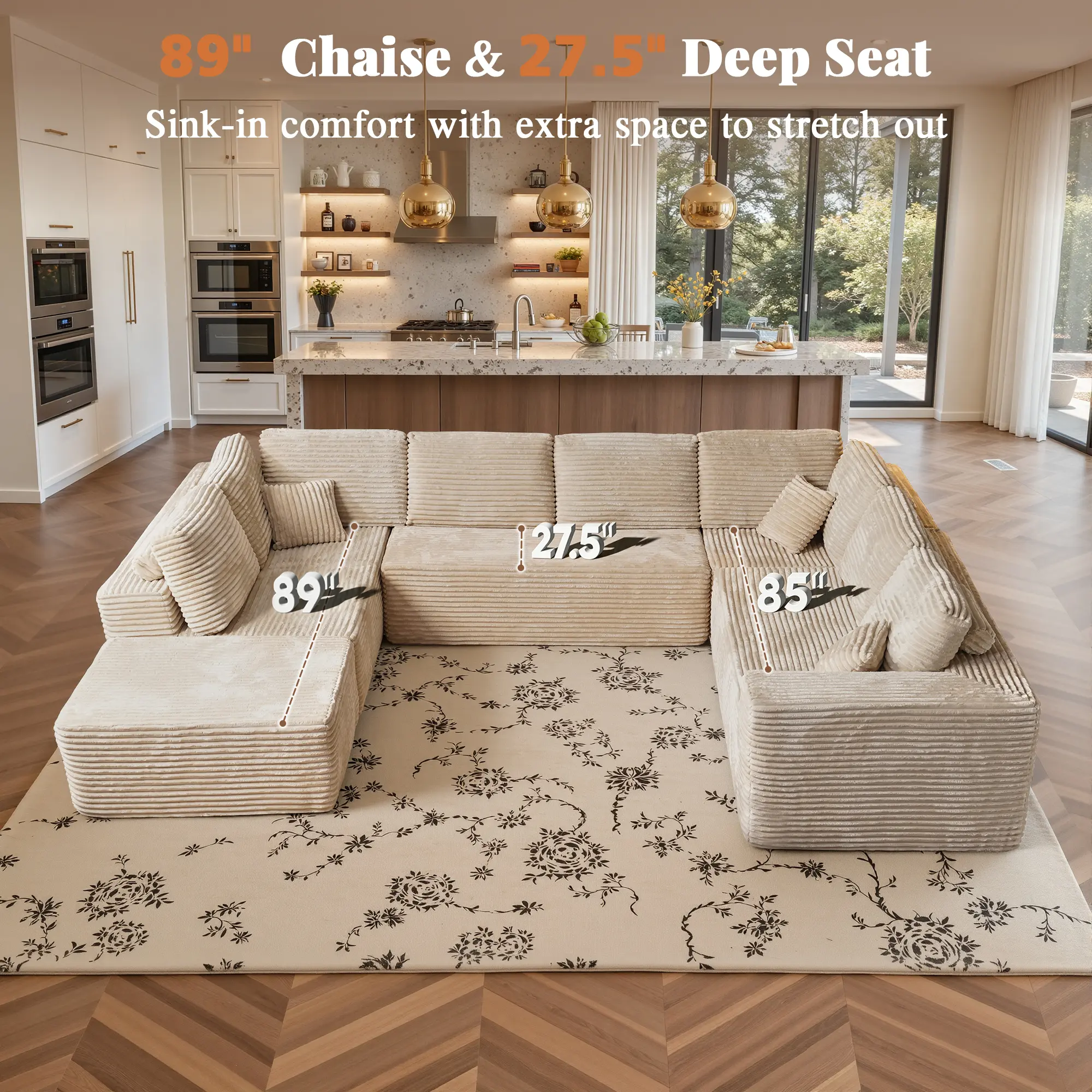 WEAXTY 7-Seater Oversized U-Shaped Modular Sectional Convertible Chaise Lounge Sofa, Beige Aesthetic Cloud Couch Design, Premium Anti-Pilling Corduroy Comfy Couch, Pet Hair-Resistant, Wide Deep for Big Living Room Spaces