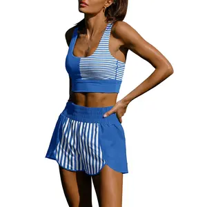 FISOEW Sports 2026 Summer Spring  Women's Colorblock Stripe Activewear Set Racerback Sports Bra & High Waisted Shorts for Gym Game Day & Casual Wear