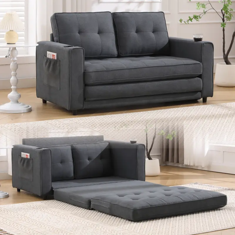 Sturdy 3-in-1 Upholstered Futon Sofa Bed - Dark Gray Tufted Loveseat, 55.00in Foldable Extendable Piece, 31.50in High-Quality Sponge Pull-Out Sleeper Mattress, Side Pockets, Cup Holder, Basements/Office Use, 2-Person Support, Assembly Required