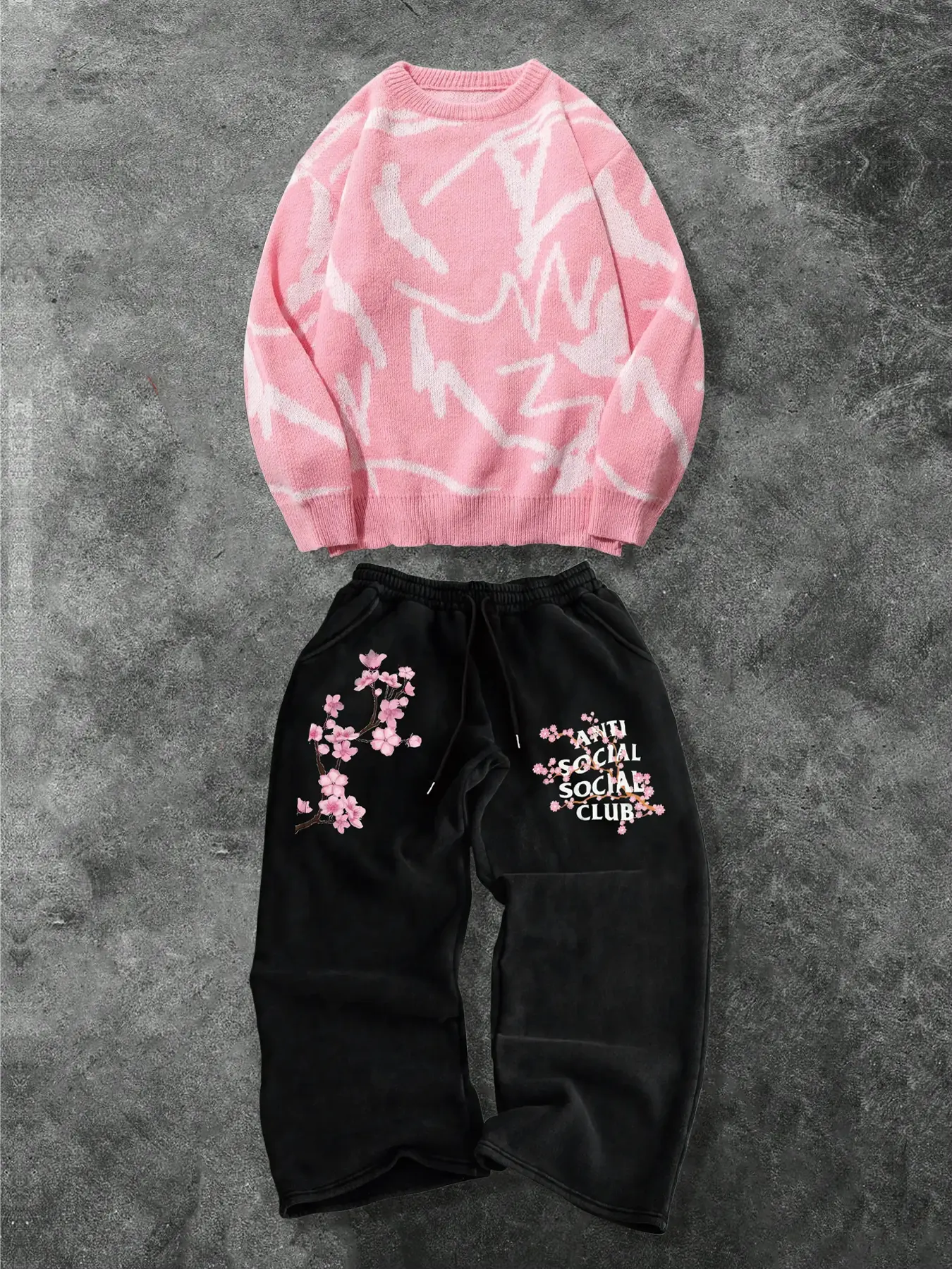 Street Casual Streetwear Set Relaxed Lounge Set Clothes Unisex Knit Sweater Long Sleeve Top & Printed Pants Two-Piece, Fall Winter Loose Fit Fashion Outfit