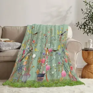 Creative Flower and Bird Flannel Blanket Comfortable Warm Soft Sofa Throw Blanket for All Seasons Office Bed Travel Blanket