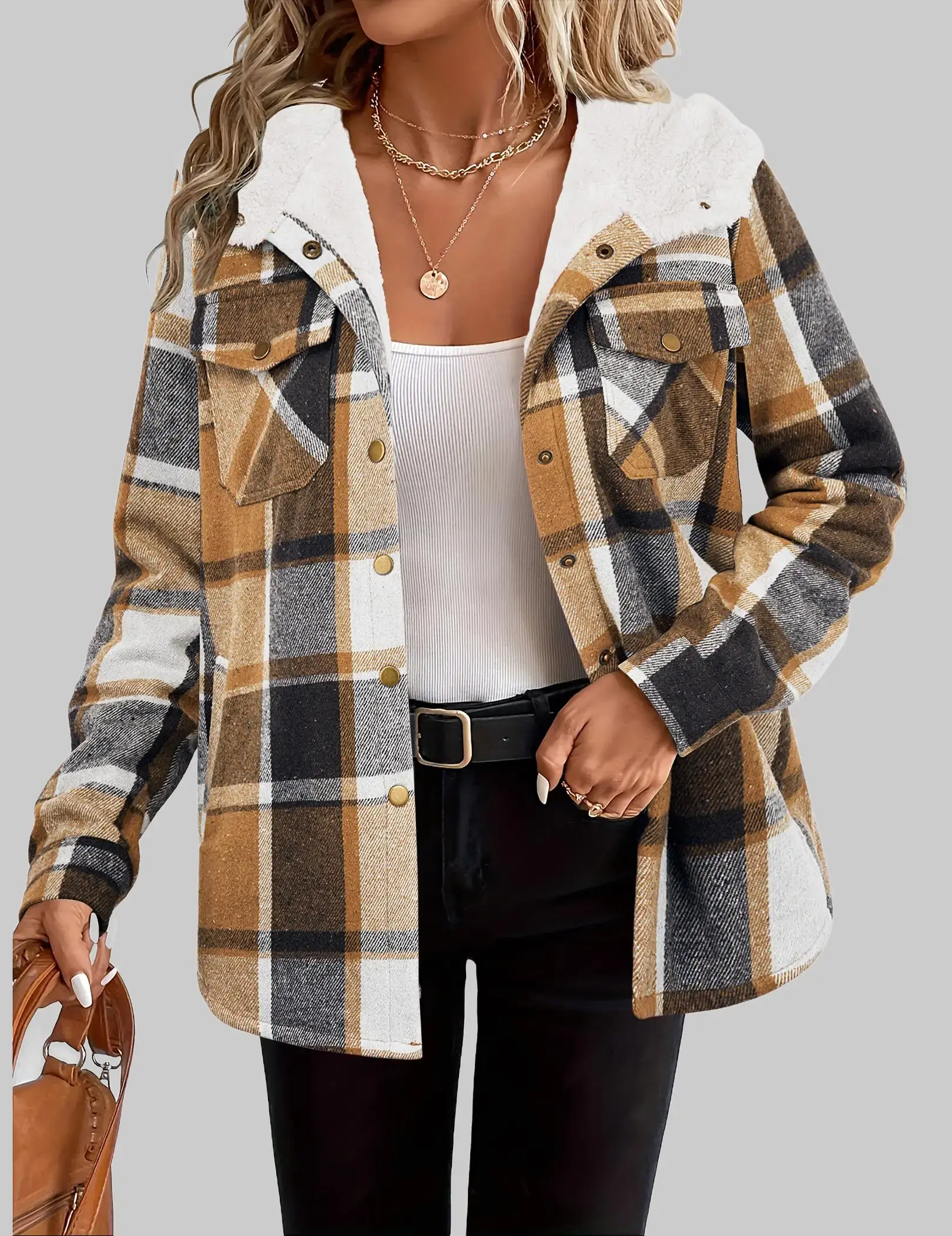 ZEAGOO Womens Plaid Shacket Jacket Long Sleeve Button Down Fleece Hooded Jackets Warm Coat christmas cropped trench coat hoodie jumper Christmas,clothes for back to school,first day of school outfits