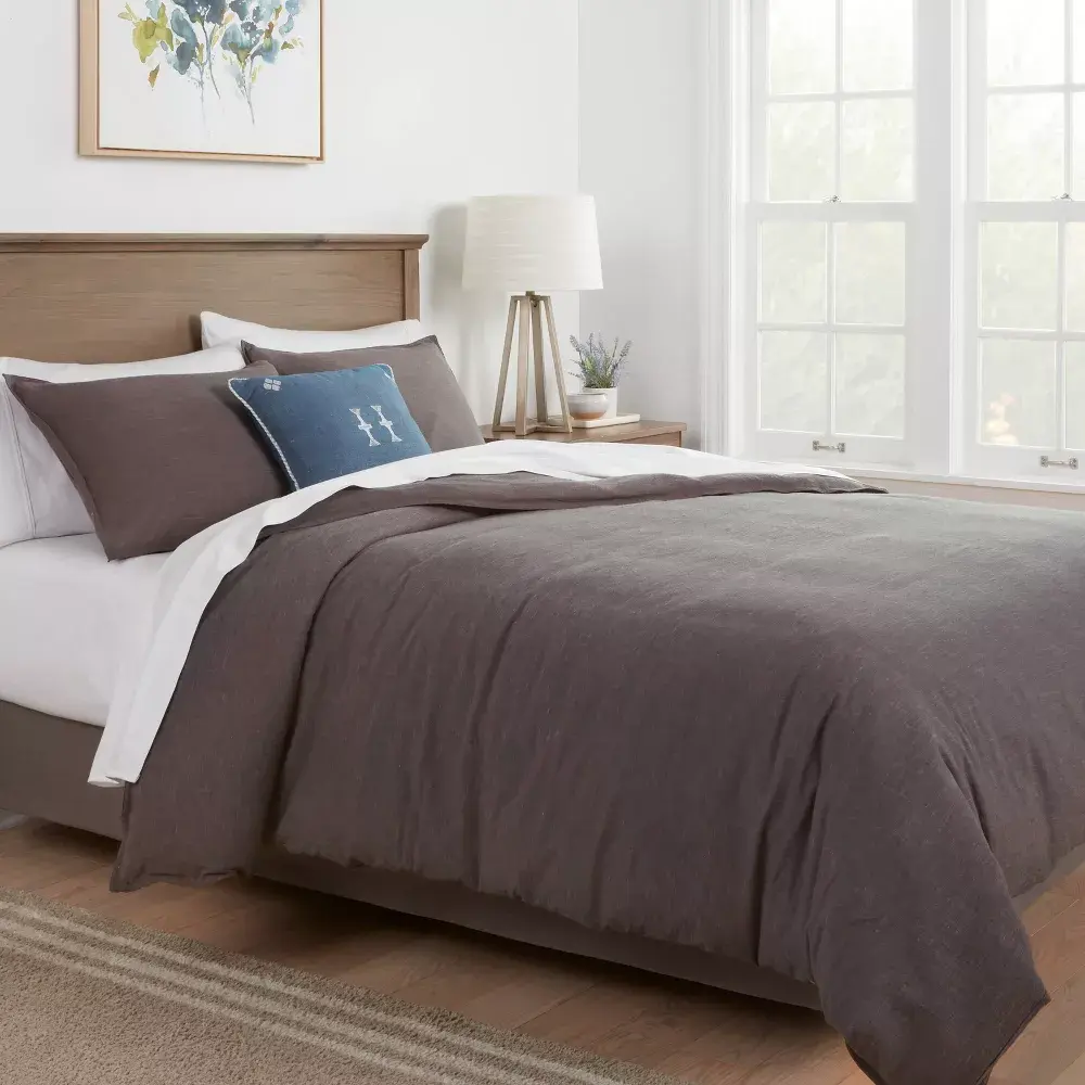 3pc Full/Queen Space Dyed Cotton Linen Duvet Cover & Sham Set Dark Gray - Threshold: Woven Texture OEKO-TEX Certified
