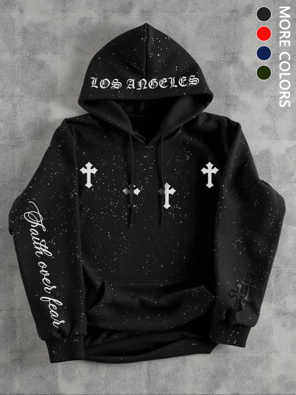 Men's Fleece Hoodie Sweatshirt, Gothic Cross Element, Star Dye Craft, Kangaroo Pocket, Casual Loose Fit Drawstring Pullover, Fall & Winter Men's Fleece Hoodie Sweatshirt, Gothic Cross Element, Star Dye Craft, Kangaroo Pocket, Casual Loose Fit Drawstring Pullover, Fall & Winter