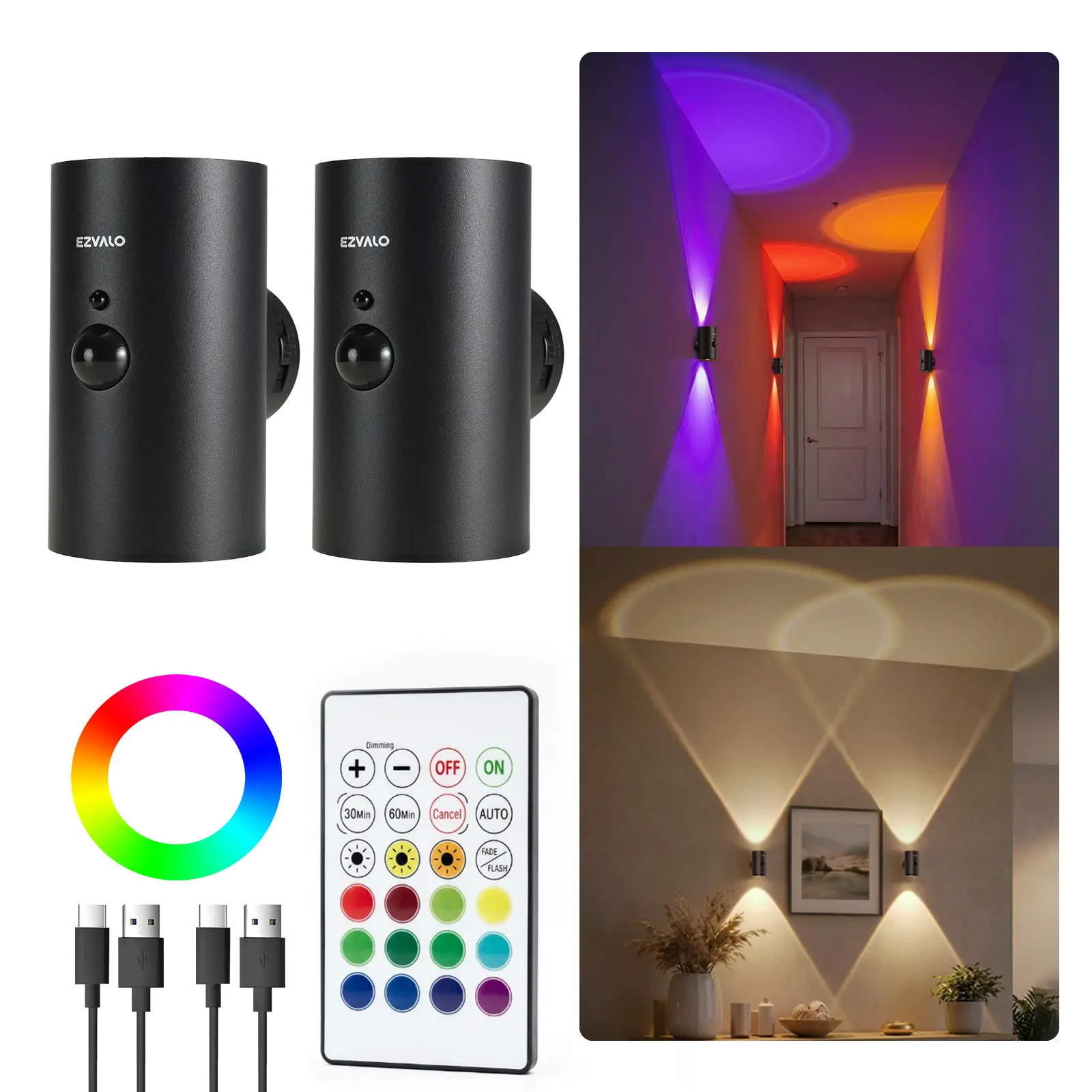 EZVALO Motion Sensor Wall Lamp with Remote, Wall Lights Cordless, 4000mAh Rechargeable RGB Ambient Lights, Magnetic Stick-On Night Lighting for Living Room, Hallway, Bedroom and Stairs (2 Pack) Renter-Friendly Halloween Decor Back to School Home Makeover