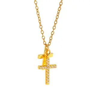 Stainless Steel Zirconia Cross Pendant Necklace for Women Collar Chain Daily Commuting Versatile Accessory Gold Plated