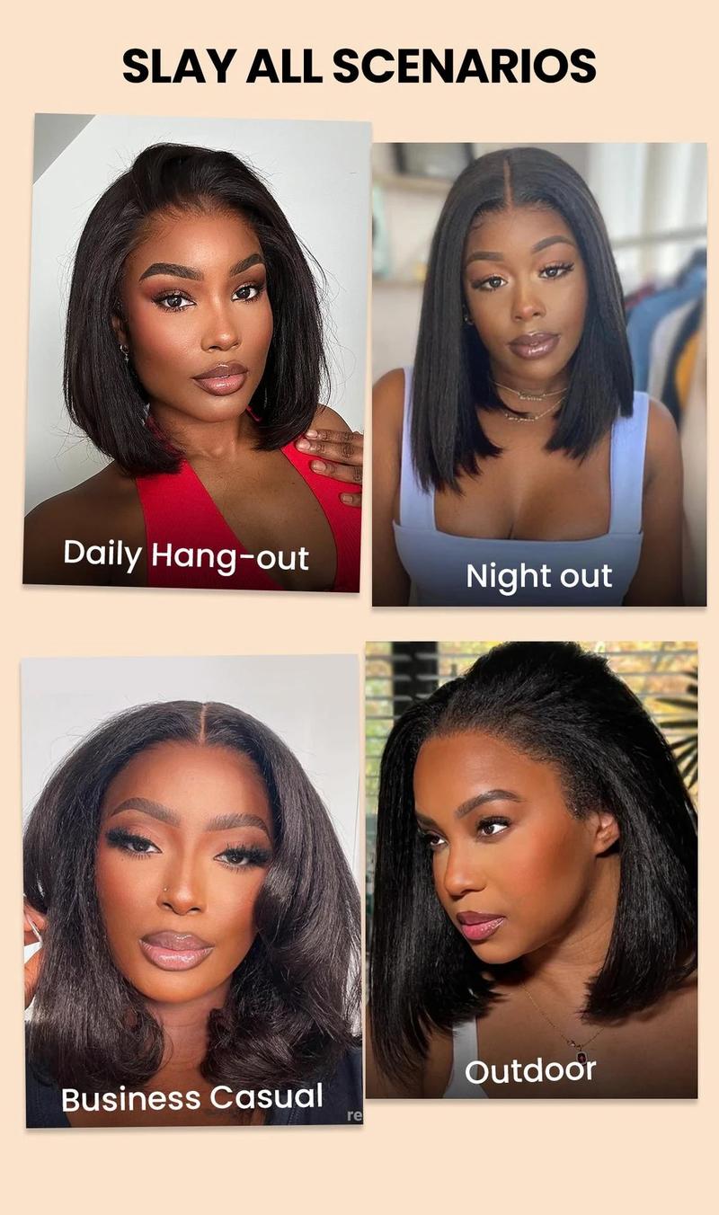 【12‘’ Only $79】 Wear & Go Yaki Straight Glueless Bob Wig Pull Go Pre Cut Lace Wig Natural Human Hair Wig Pre-Everything Wig #1B 180% Density Glueless Lace Black Yaki Bob Bleached Knots Wig