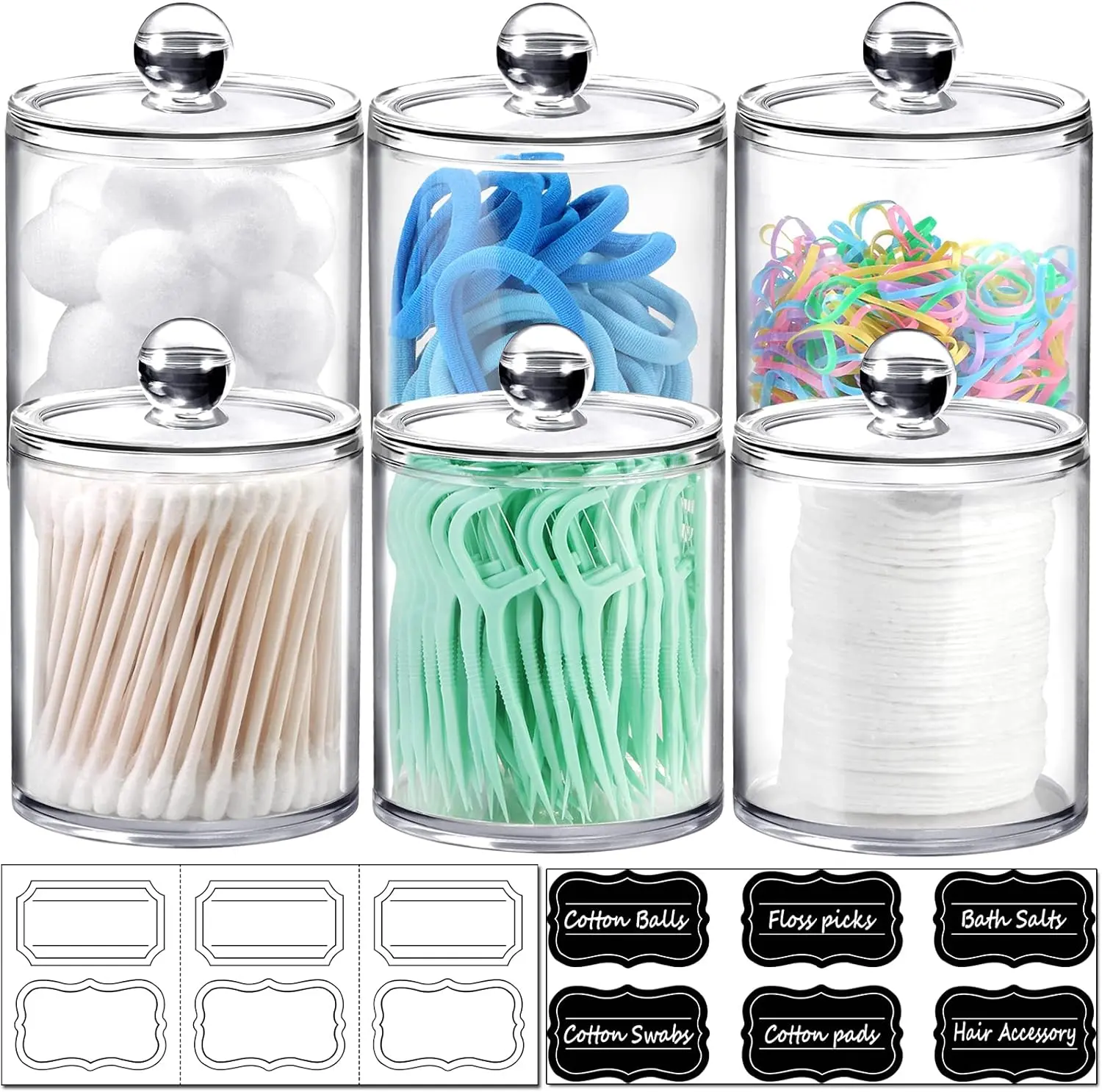 Acrylic 6-Pack Clear Apothecary Jars with Labels - 3x10oz, 3x12oz Qtip Holder Set - Shatterproof Modern Bathroom Vanity Organizer for Cotton Swabs, Balls